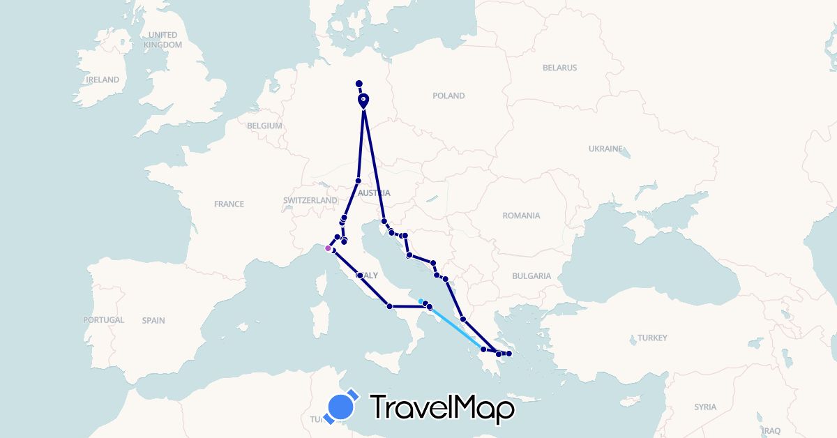 TravelMap itinerary: driving, train, boat in Albania, Bosnia and Herzegovina, Germany, Greece, Croatia, Italy, Montenegro, Slovenia (Europe)